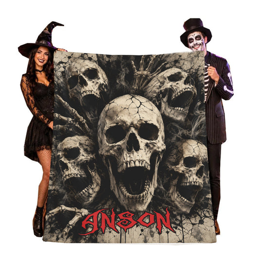 Optional Personalized Halloween Sceaming Skulls Blanket | Creepy SkullThrow Gift | Fall Gothic Tapestry Decor | Scary Skeleton | Macabre