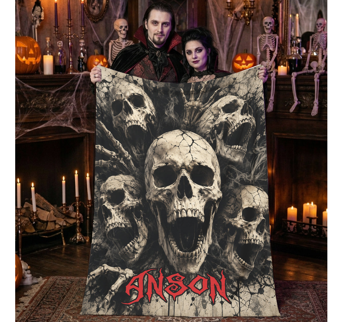 Optional Personalized Halloween Sceaming Skulls Blanket | Creepy SkullThrow Gift | Fall Gothic Tapestry Decor | Scary Skeleton | Macabre