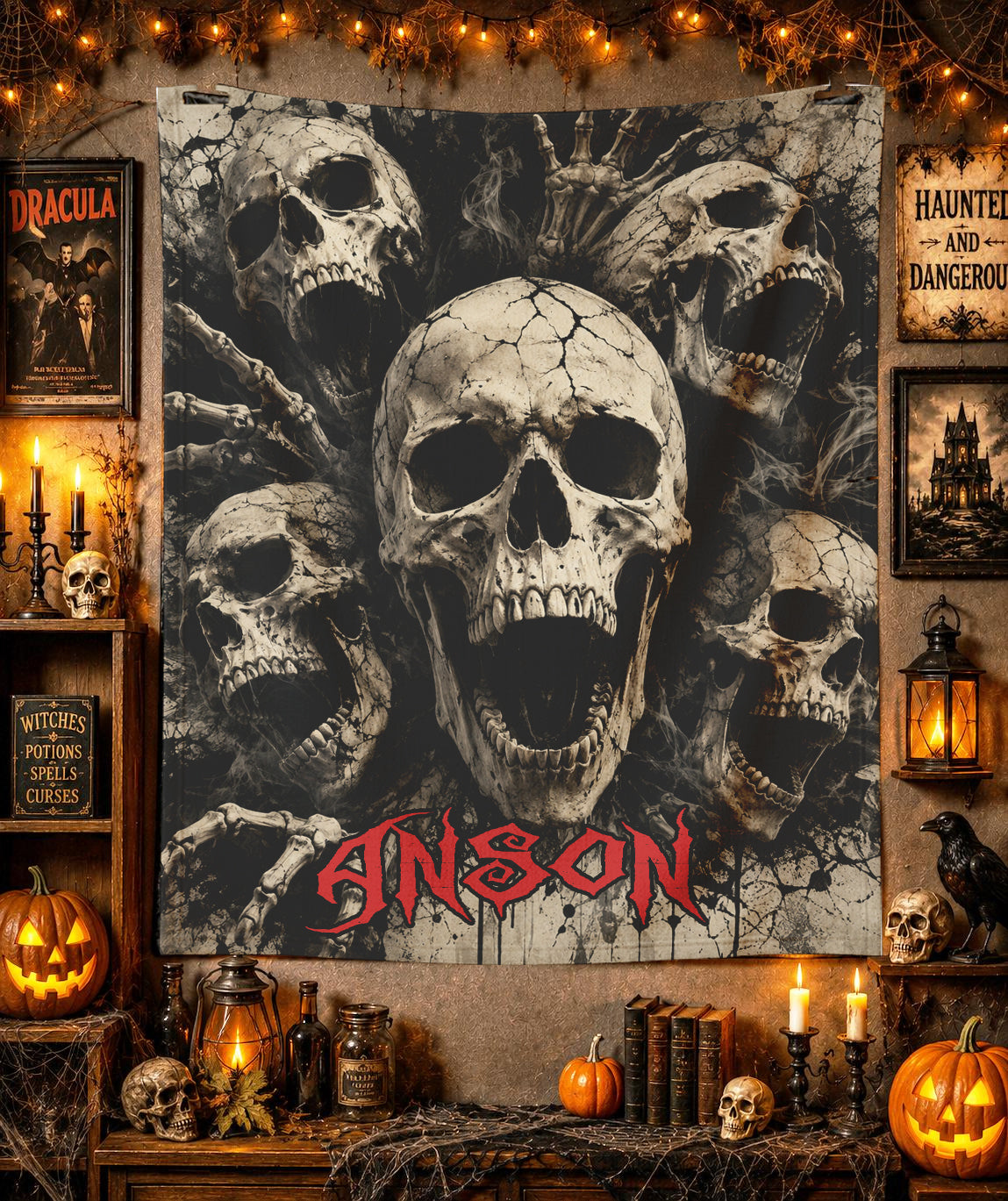 Optional Personalized Halloween Sceaming Skulls Blanket | Creepy SkullThrow Gift | Fall Gothic Tapestry Decor | Scary Skeleton | Macabre