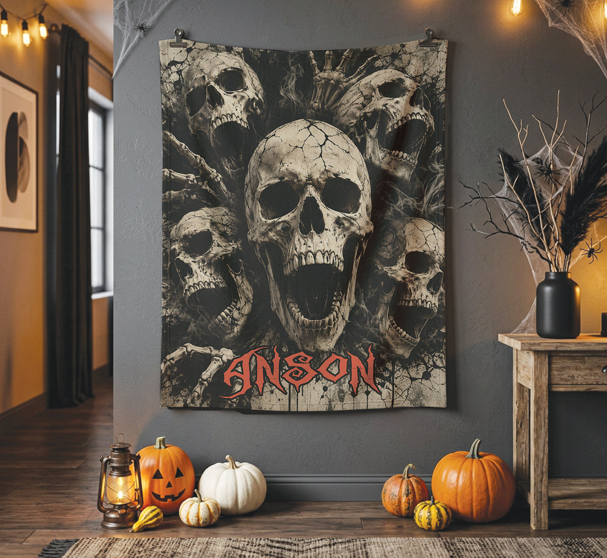 Optional Personalized Halloween Sceaming Skulls Blanket | Creepy SkullThrow Gift | Fall Gothic Tapestry Decor | Scary Skeleton | Macabre
