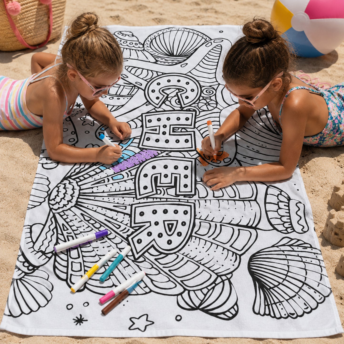 Personalized Coloring Doodle Coloring Beach Towel | Seashells Design with Name | Poolside Kids Crafts | Fabric Markers | Kids Beach Day