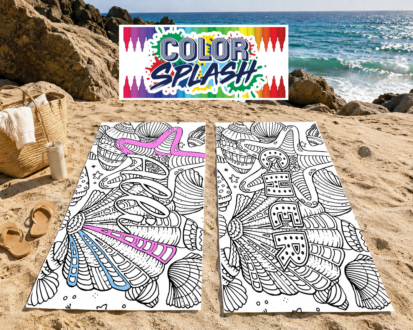 Personalized Coloring Doodle Coloring Beach Towel | Seashells Design with Name | Poolside Kids Crafts | Fabric Markers | Kids Beach Day