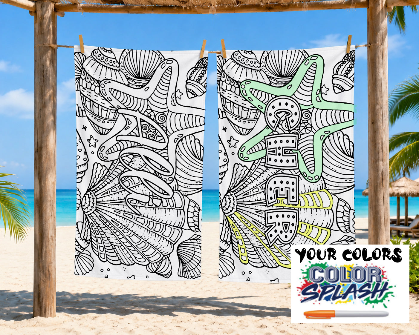 Personalized Coloring Doodle Coloring Beach Towel | Seashells Design with Name | Poolside Kids Crafts | Fabric Markers | Kids Beach Day