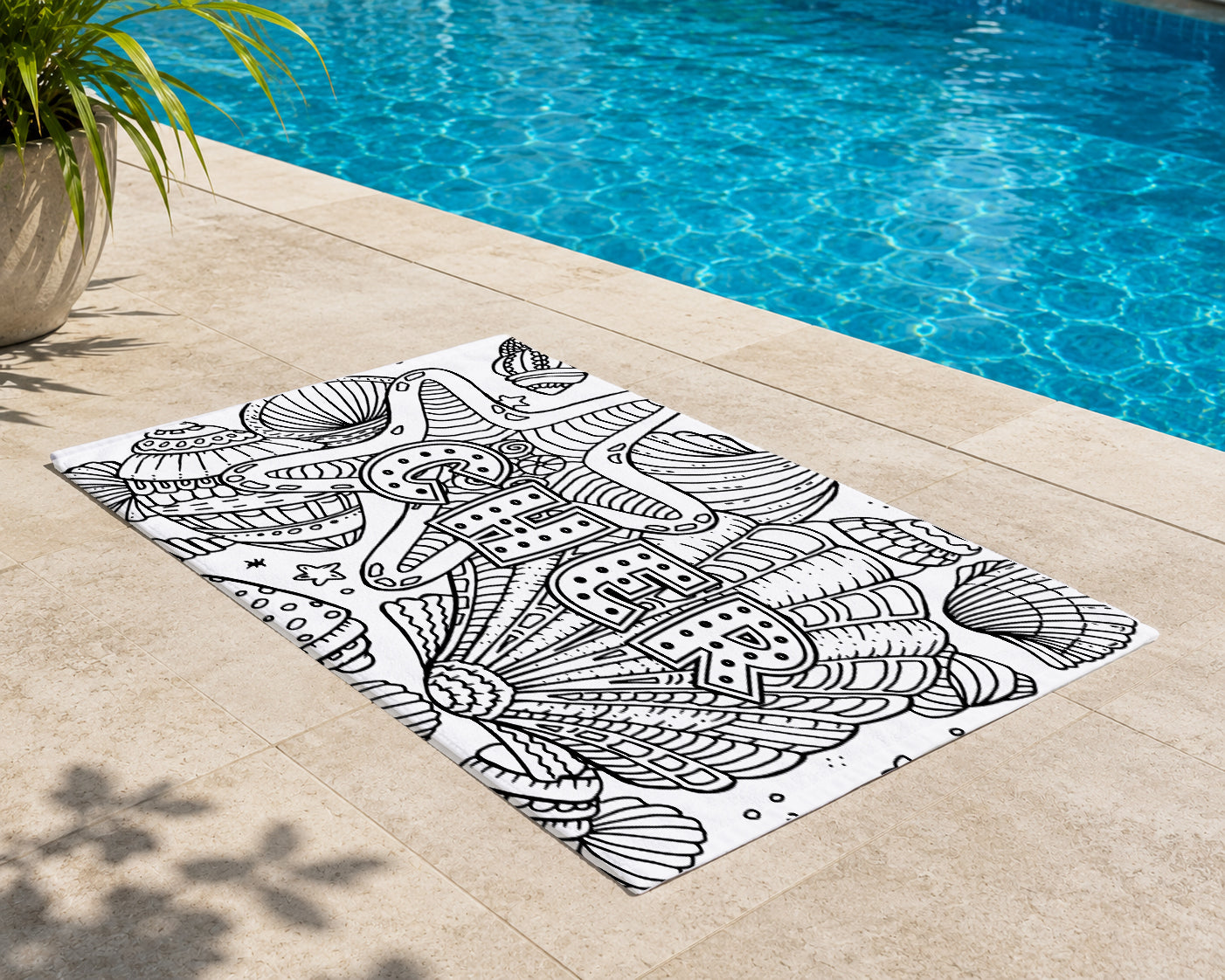Personalized Coloring Doodle Coloring Beach Towel | Seashells Design with Name | Poolside Kids Crafts | Fabric Markers | Kids Beach Day