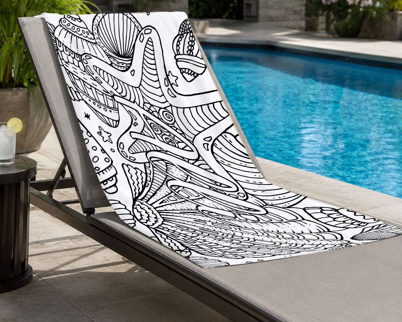 Personalized Coloring Doodle Coloring Beach Towel | Seashells Design with Name | Poolside Kids Crafts | Fabric Markers | Kids Beach Day