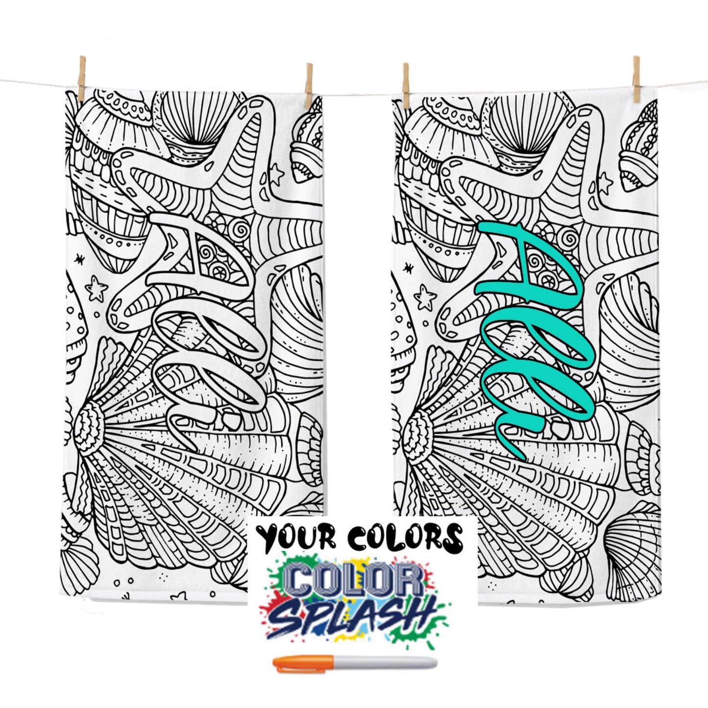 Personalized Coloring Doodle Coloring Beach Towel | Seashells Design