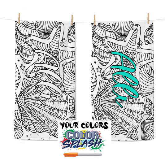 Personalized Coloring Doodle Coloring Beach Towel | Seashells Design with Name | Poolside Kids Crafts | Fabric Markers | Kids Beach Day