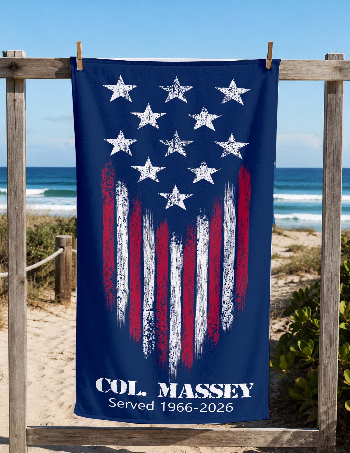 Personalized Military Veteran Beach Towel | Patriotic Americana Decor | Gift for Army, Navy, Marine Core, Coast Guard, Space Force Retiree