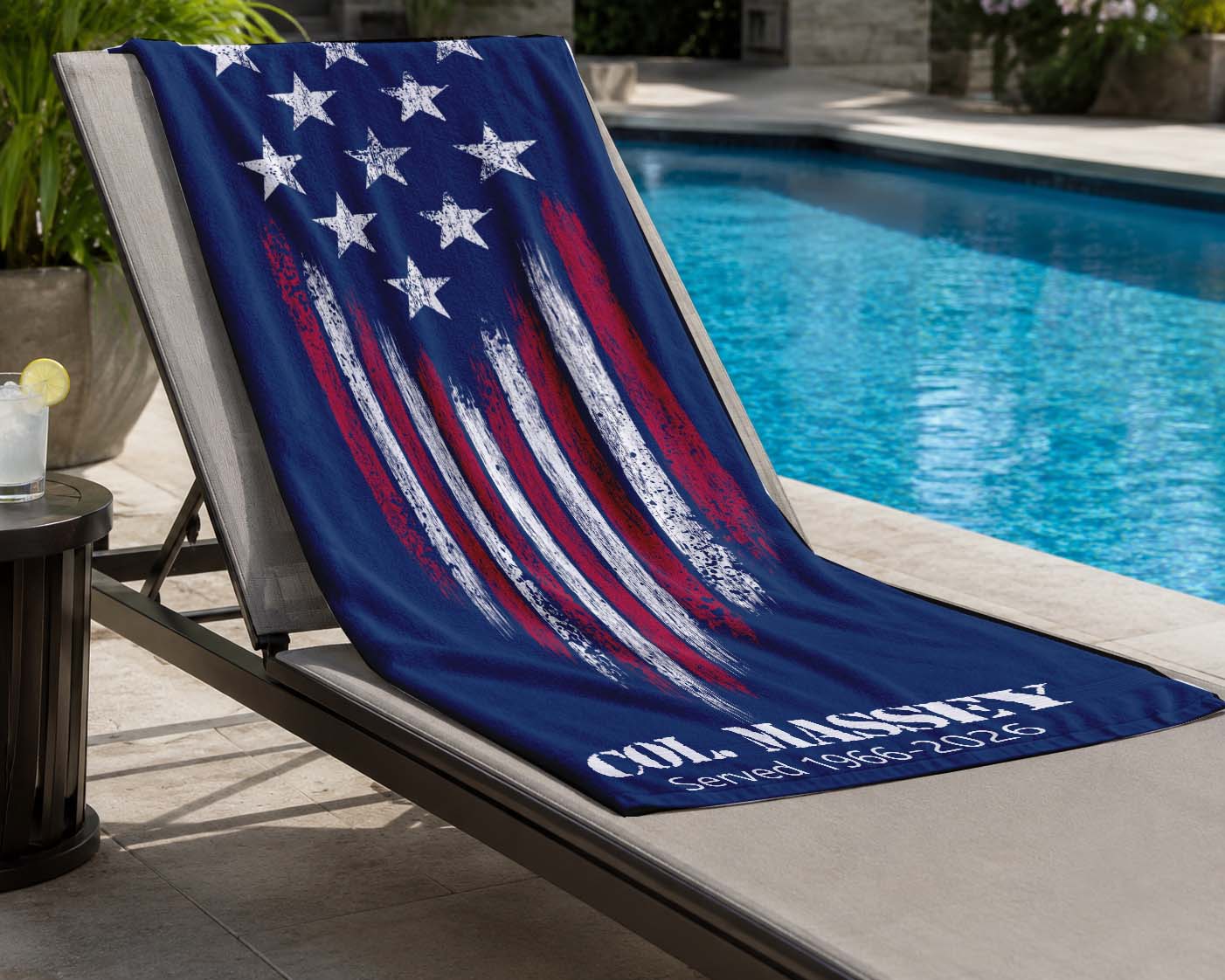 Personalized Military Veteran Beach Towel | Patriotic Americana Decor | Gift for Army, Navy, Marine Core, Coast Guard, Space Force Retiree