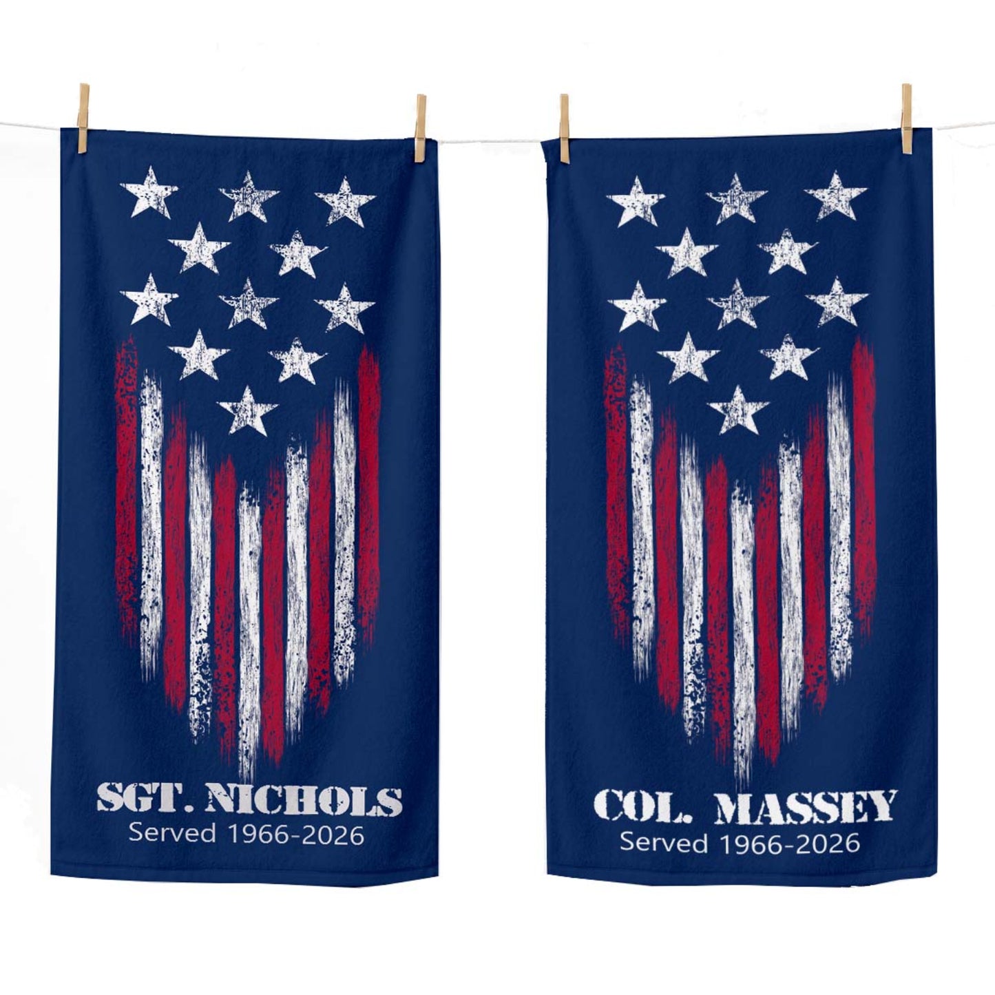 Personalized Military Veteran Beach Towel | Patriotic Americana Decor | Gift for Army, Navy, Marine Core, Coast Guard, Space Force Retiree