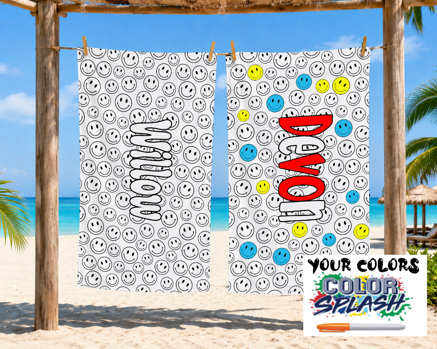 Personalized Doodle Coloring Beach Towel | Smiley Face Pattern Design with Name | Poolside Kids Crafts | Fabric Markers | Kids Beach Day
