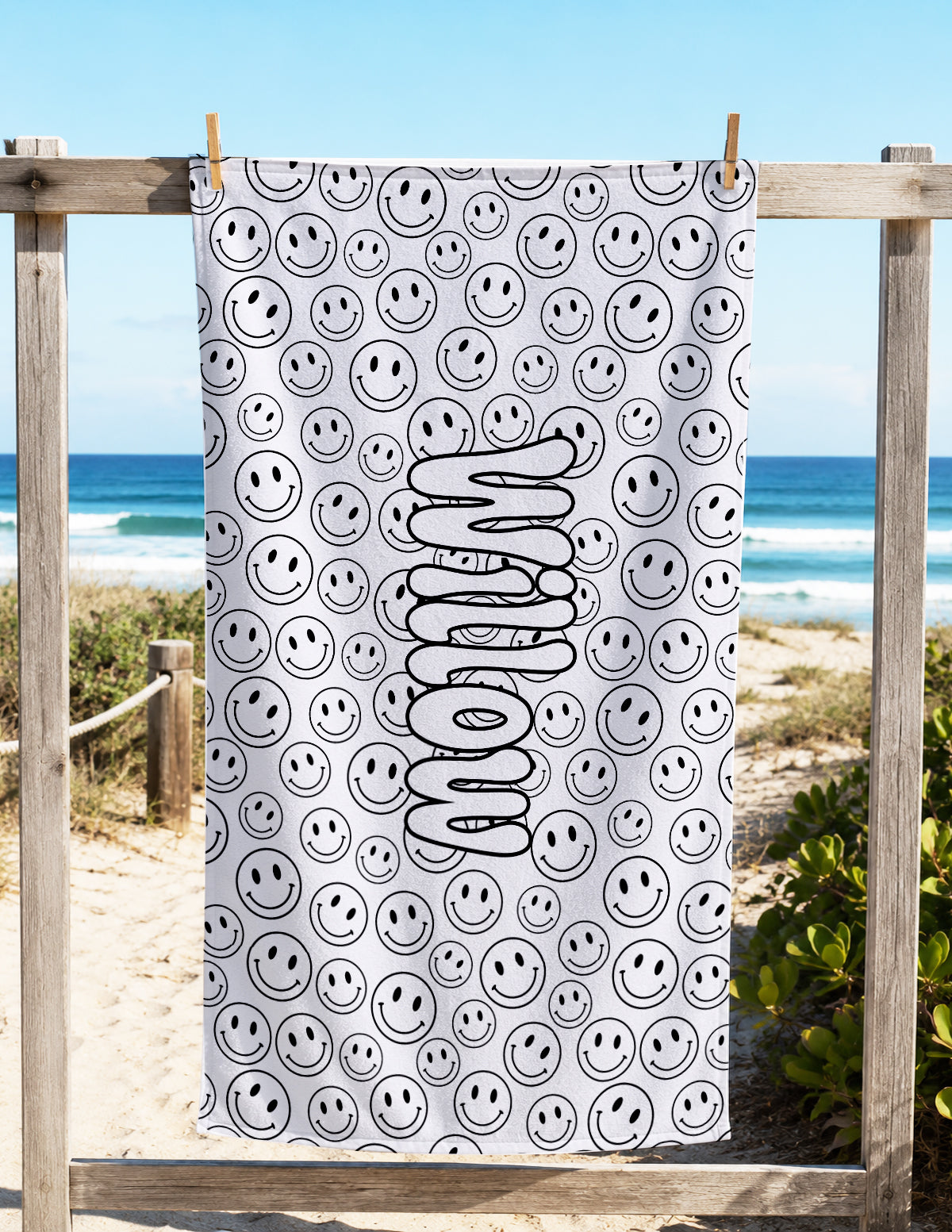 Personalized Doodle Coloring Beach Towel | Smiley Face Pattern Design with Name | Poolside Kids Crafts | Fabric Markers | Kids Beach Day