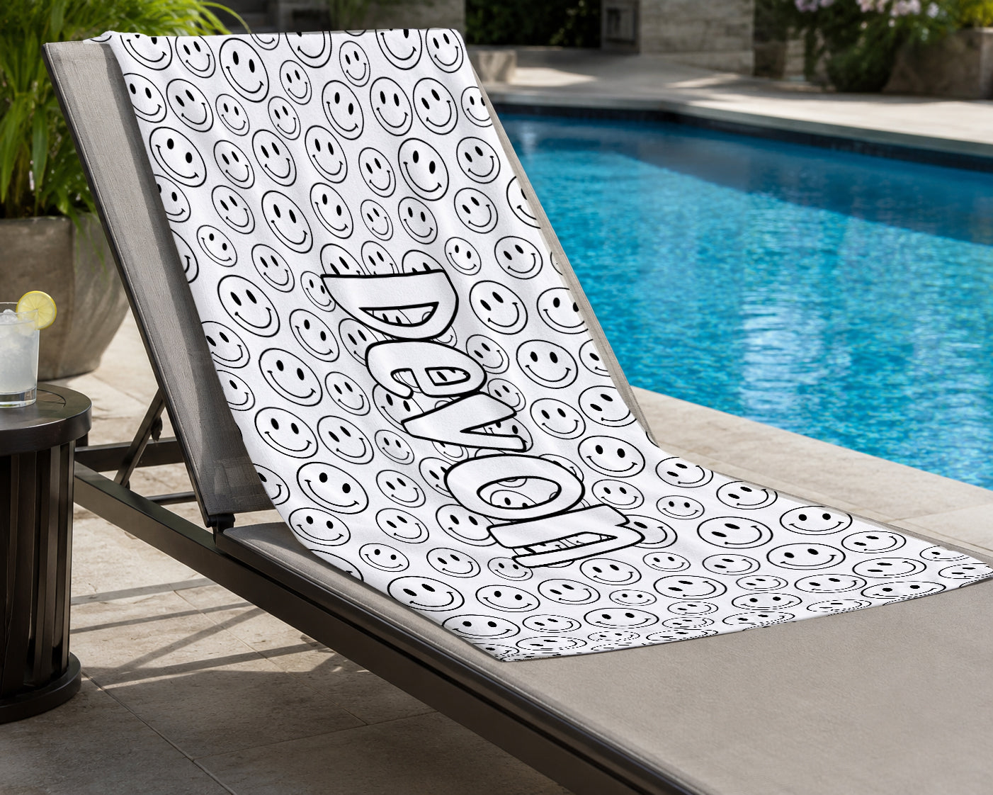 Personalized Doodle Coloring Beach Towel | Smiley Face Pattern Design with Name | Poolside Kids Crafts | Fabric Markers | Kids Beach Day