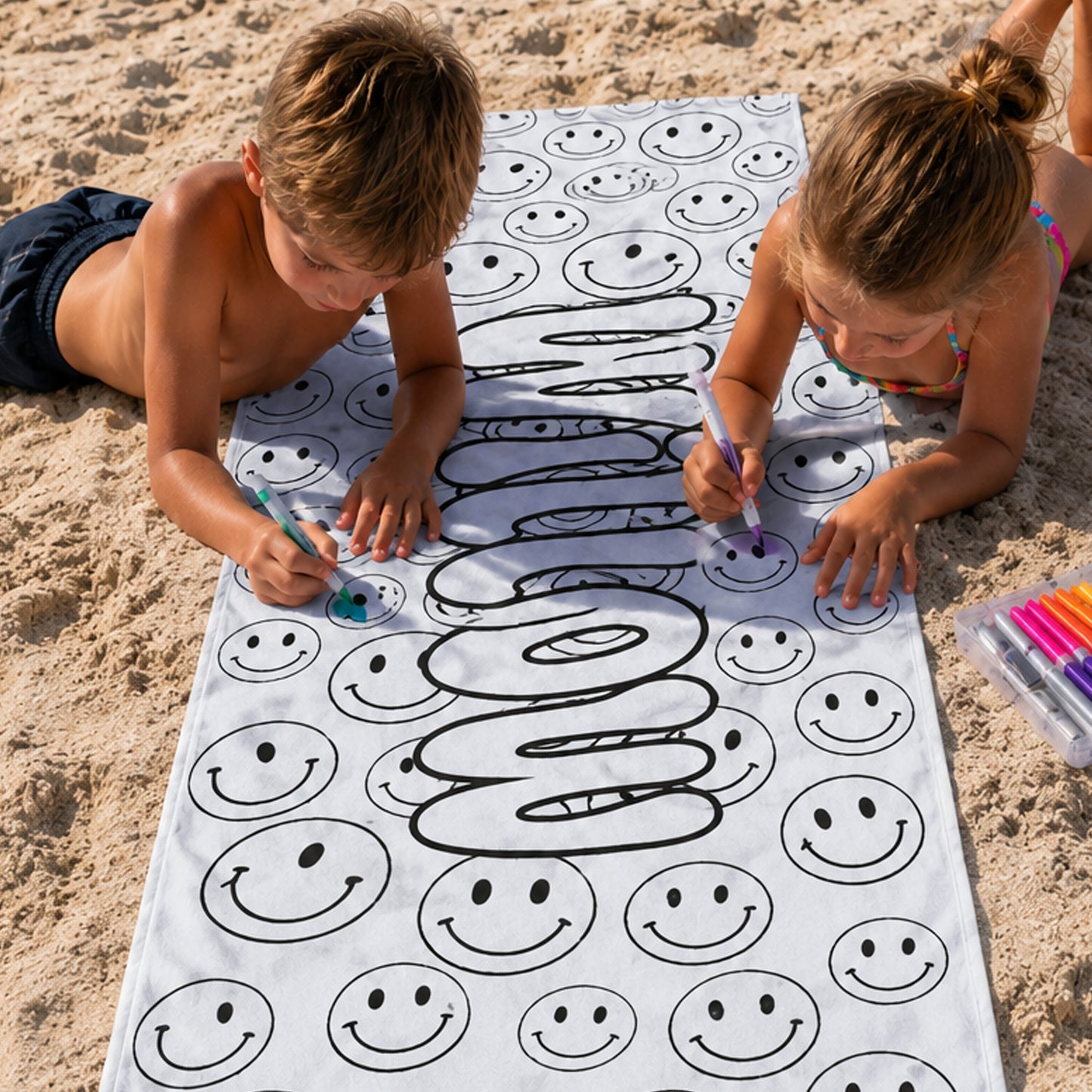 Personalized Doodle Coloring Beach Towel | Smiley Face Pattern Design with Name | Poolside Kids Crafts | Fabric Markers | Kids Beach Day