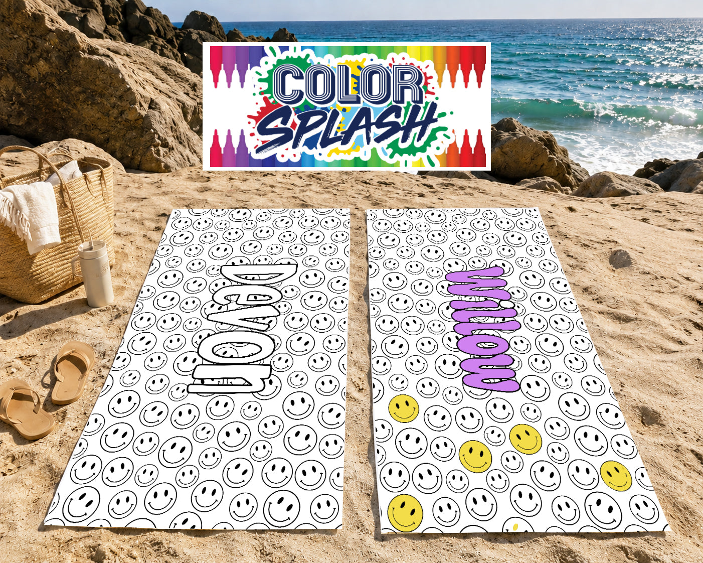 Personalized Doodle Coloring Beach Towel | Smiley Face Pattern Design with Name | Poolside Kids Crafts | Fabric Markers | Kids Beach Day