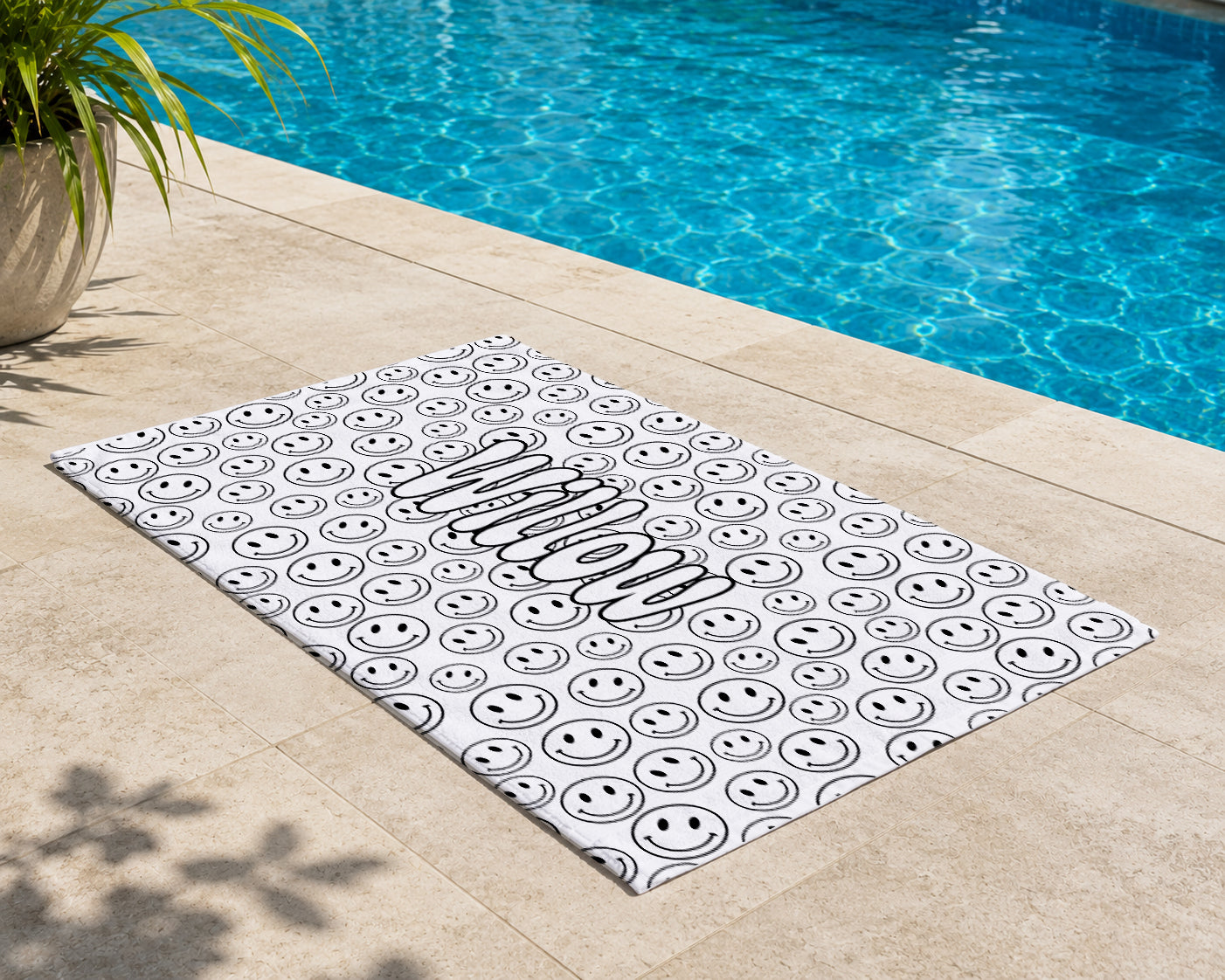 Personalized Doodle Coloring Beach Towel | Smiley Face Pattern Design with Name | Poolside Kids Crafts | Fabric Markers | Kids Beach Day