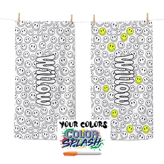Personalized Doodle Coloring Beach Towel | Smiley Face Pattern Design with Name | Poolside Kids Crafts | Fabric Markers | Kids Beach Day