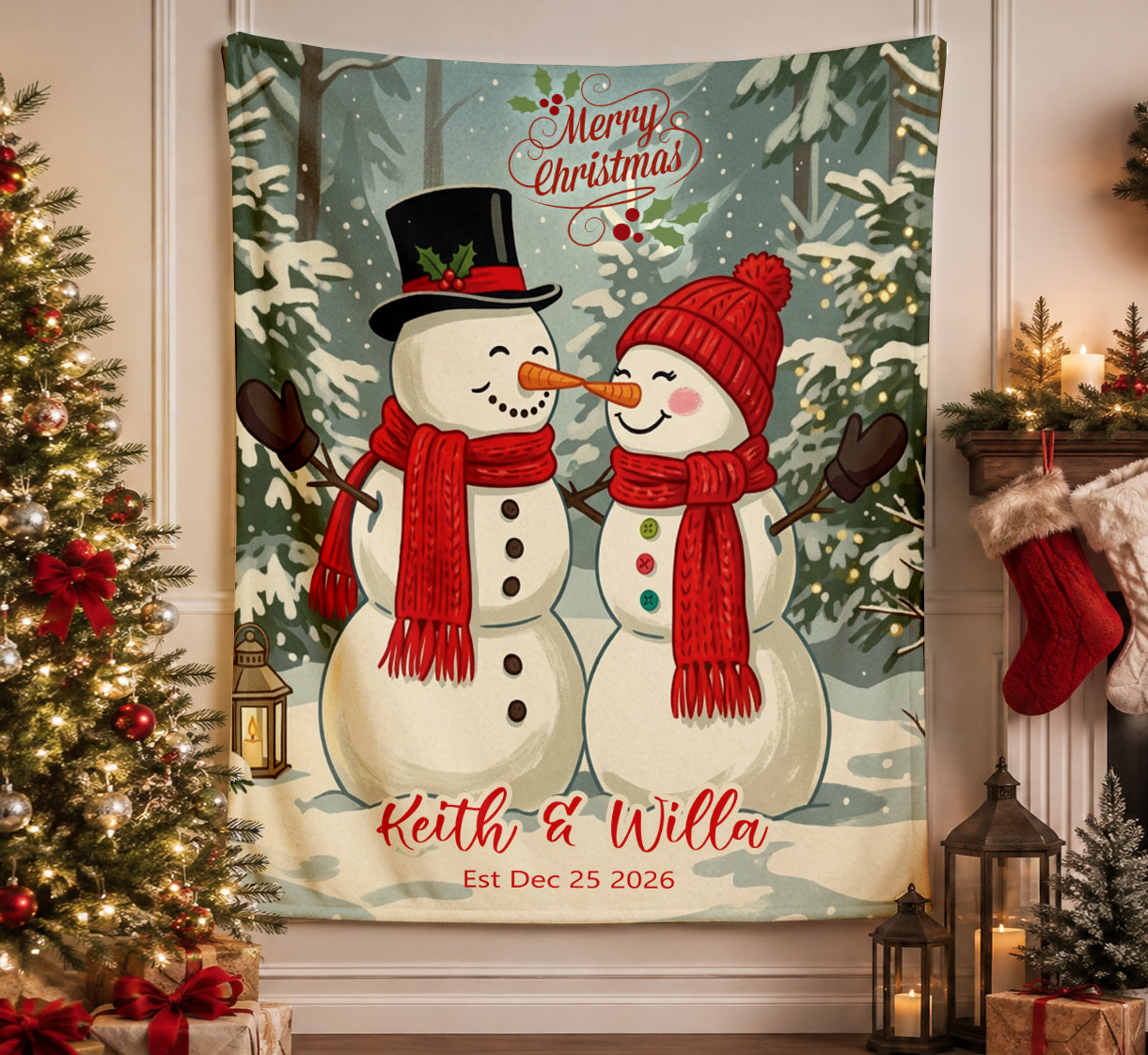 Personalized Snowman Couple Christmas Blanket