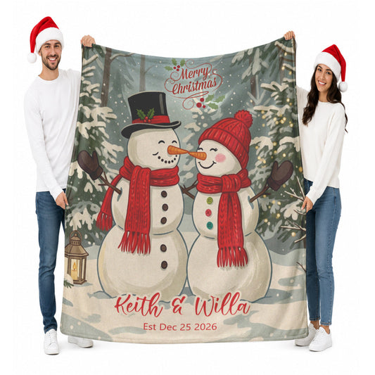 Personalized Snowman Couple Christmas Blanket | Winter Lovers Wedding Anniversary Gift | First Xmas Couples Gift |  Custom Holiday Throw
