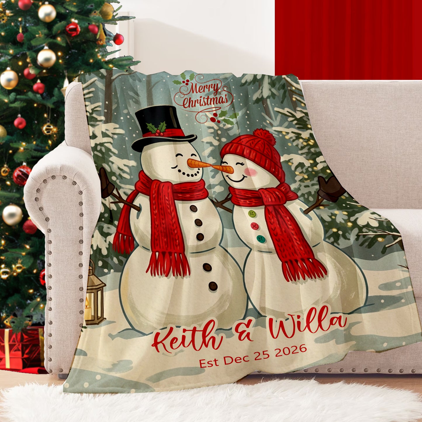 Personalized Snowman Couple Christmas Blanket