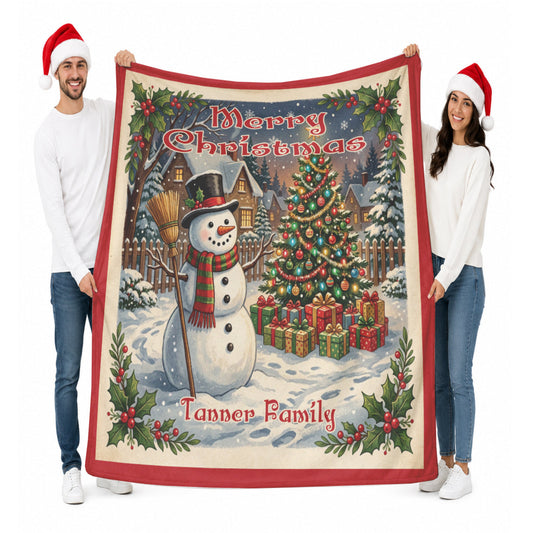 Personalized Christmas Blanket | Custom Snowman Throw | Nostalgic Holiday Decor | Cozy Family Name Blanket | Rustic Christmas Gift