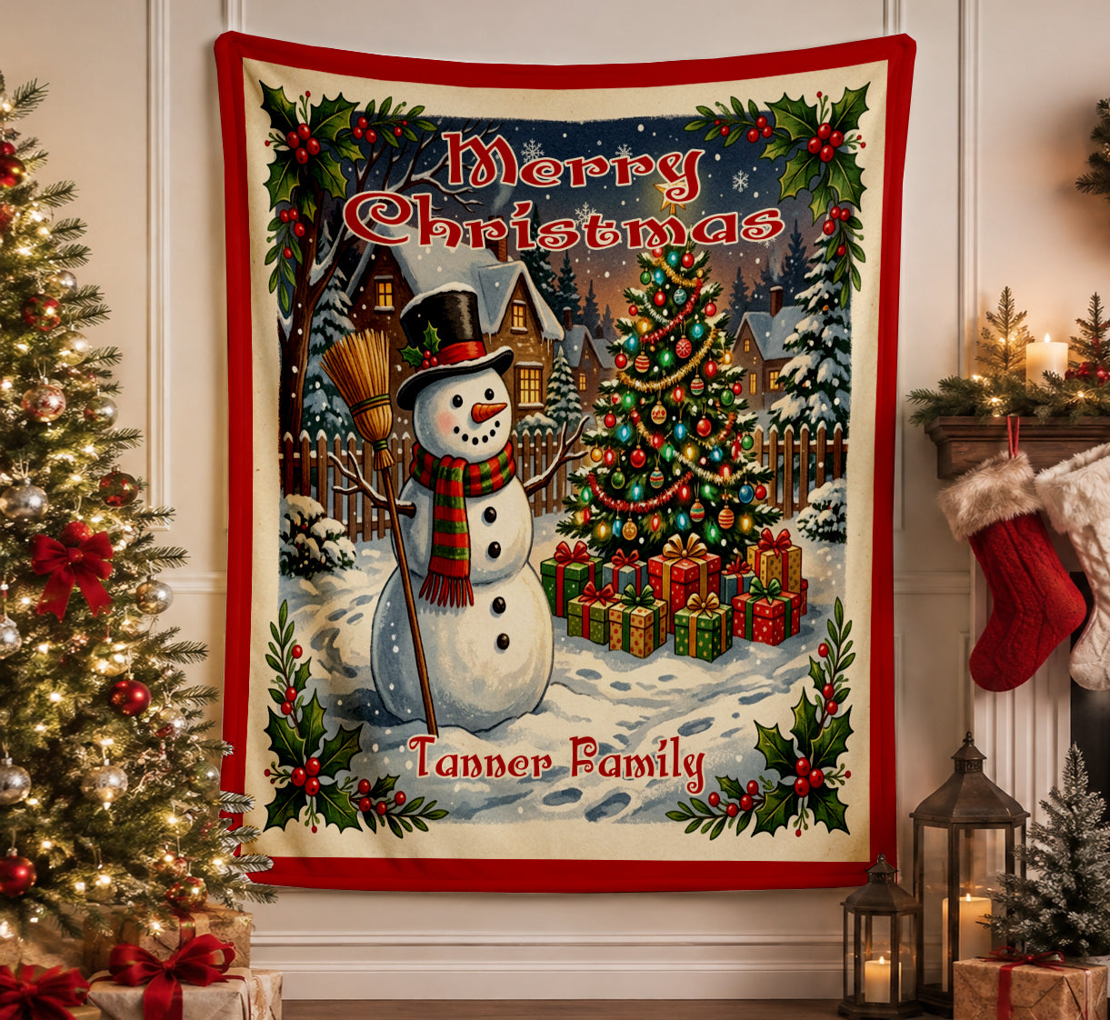 Personalized Christmas Blanket | Custom Snowman Throw | Nostalgic Holiday Decor | Cozy Family Name Blanket | Rustic Christmas Gift