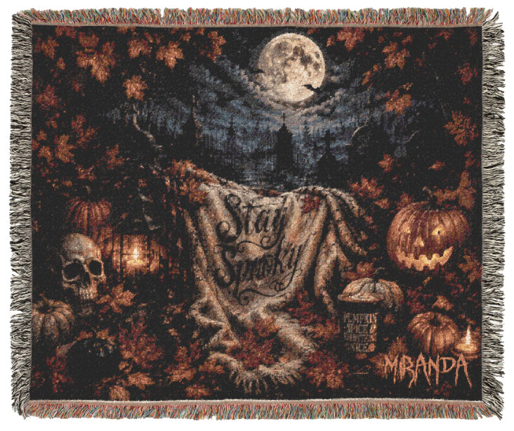 Personalized Stay Spooky Woven Halloween Blanket | Skulls and Pumpkin Plush Throw | Creepy Gift |  Eerie Macabe | Fall Season Decor