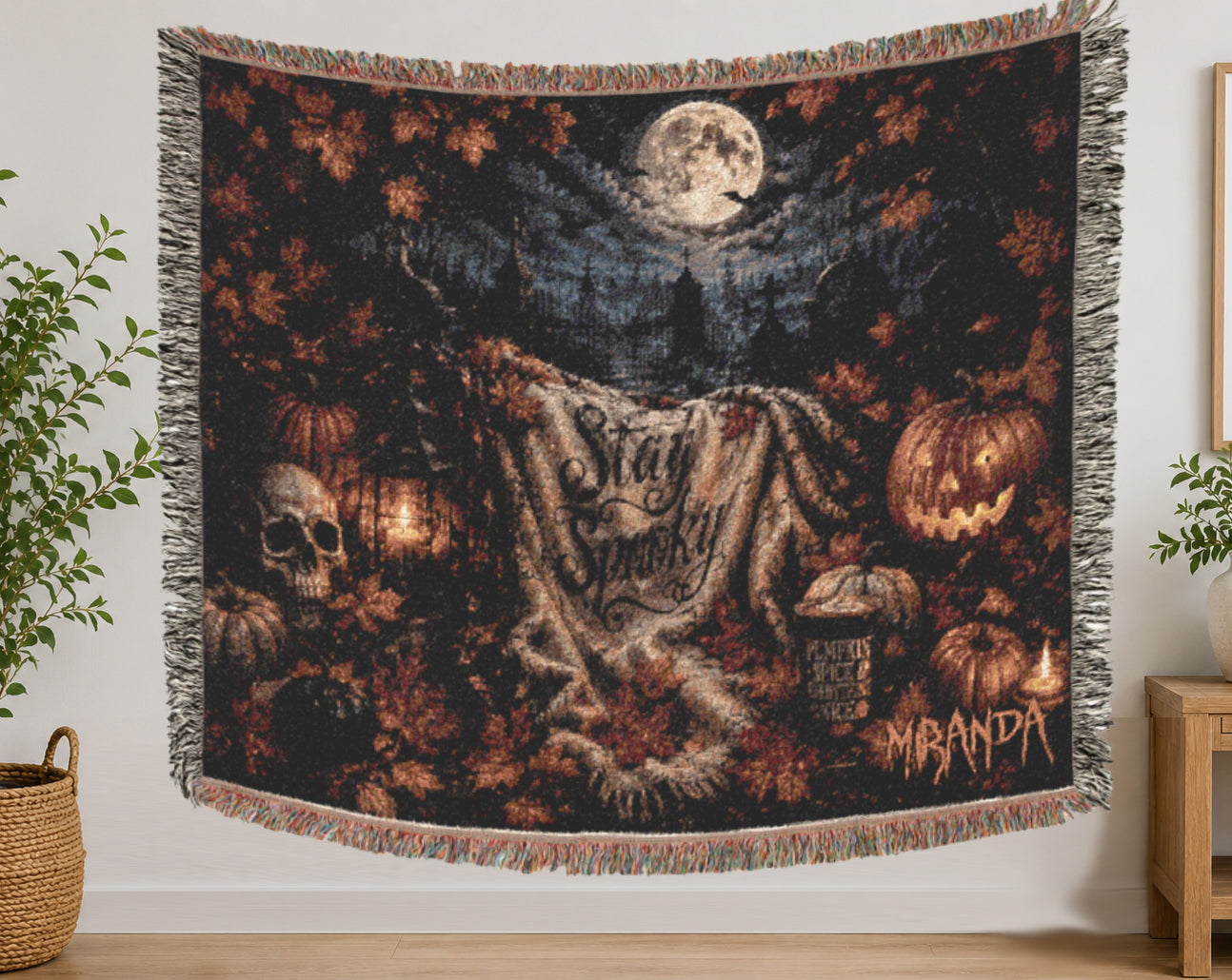 Personalized Stay Spooky Woven Halloween Blanket | Skulls and Pumpkin Plush Throw | Creepy Gift |  Eerie Macabe | Fall Season Decor