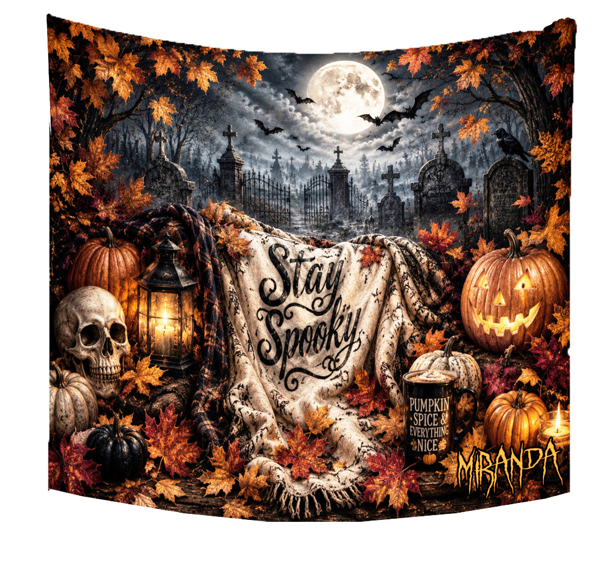 Optional Personalized Stay Spooky Woven Halloween Blanket | Skulls and Pumpkin Plush Throw | Creepy Gift |  Eerie Macabe | Fall Season Decor