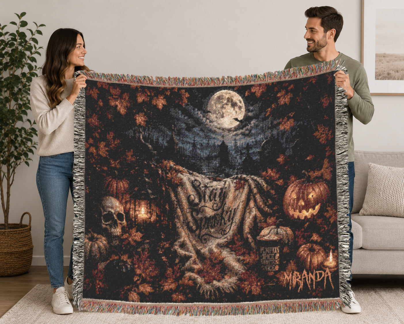 Optional Personalized Stay Spooky Woven Halloween Blanket | Skulls and Pumpkin Plush Throw | Creepy Gift |  Eerie Macabe | Fall Season Decor