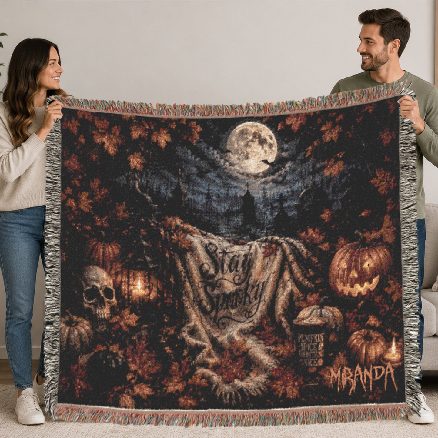 Personalized Stay Spooky Woven Halloween Blanket | Skulls and Pumpkin Plush Throw | Creepy Gift |  Eerie Macabe | Fall Season Decor