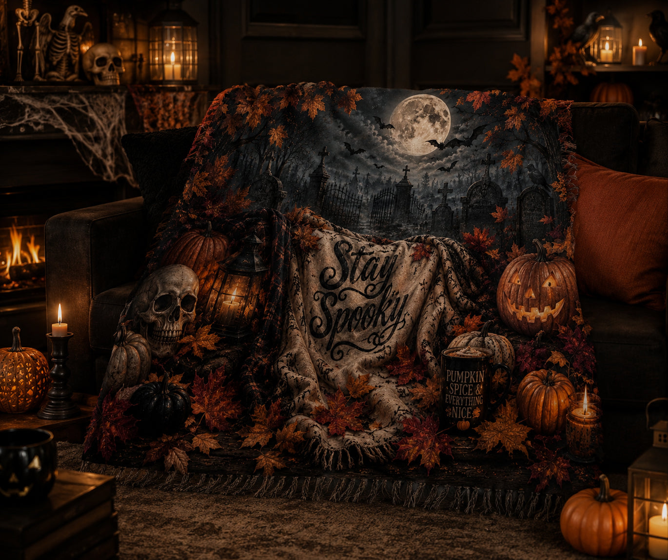 Personalized Stay Spooky Woven Halloween Blanket | Skulls and Pumpkin Plush Throw | Creepy Gift |  Eerie Macabe | Fall Season Decor
