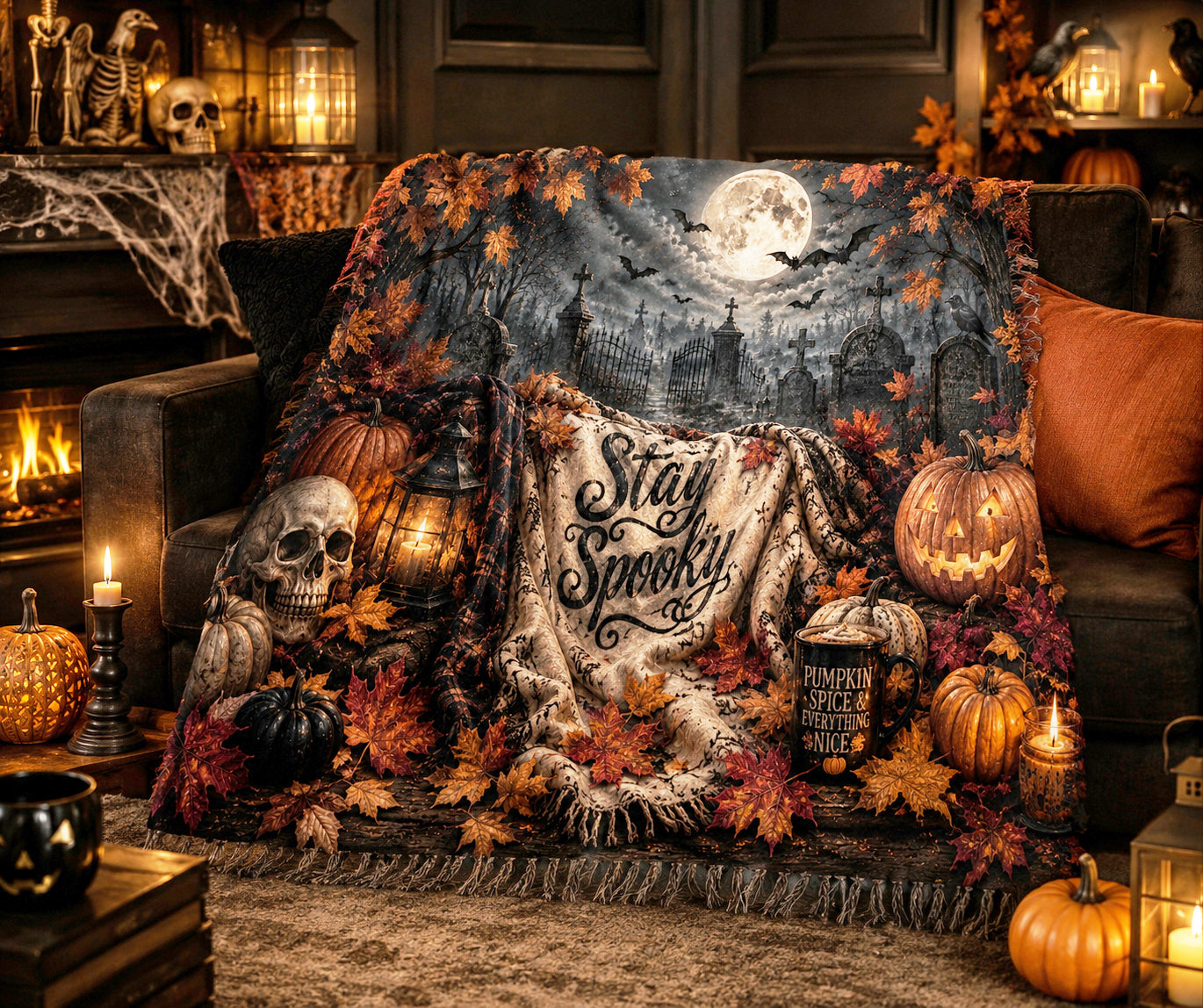Optional Personalized Stay Spooky Woven Halloween Blanket | Skulls and Pumpkin Plush Throw | Creepy Gift |  Eerie Macabe | Fall Season Decor