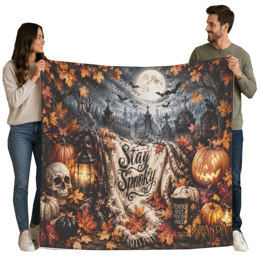 Optional Personalized Stay Spooky Woven Halloween Blanket | Skulls and Pumpkin Plush Throw | Creepy Gift |  Eerie Macabe | Fall Season Decor