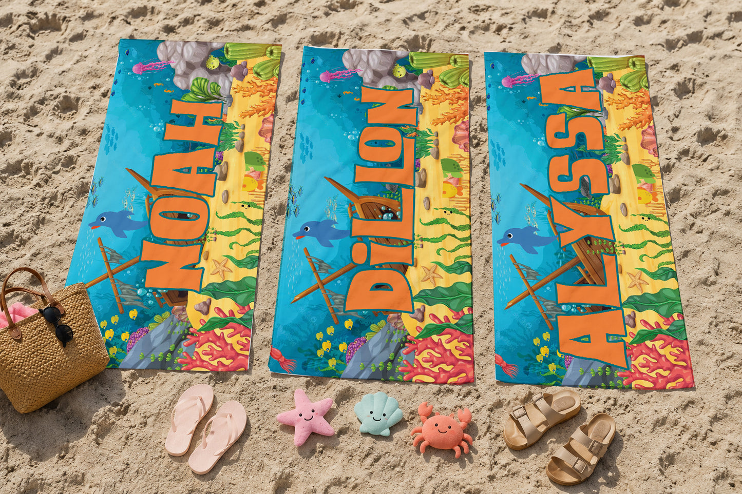 Personalized Kids Underwater Beach Towel | Pirate Sunken Treasure Theme |  Summer Vacation Towel Gift | Beach Trip Keepsake | Kids Swim Team