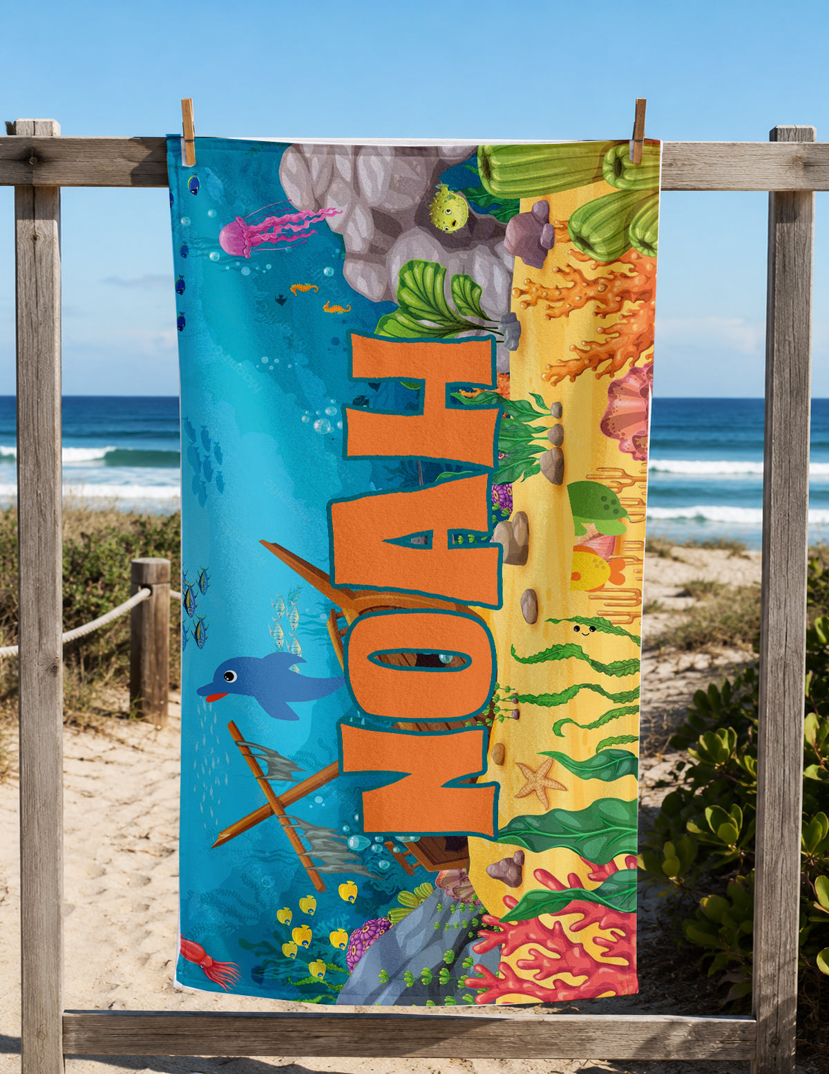 Personalized Kids Underwater Beach Towel | Pirate Sunken Treasure Theme |  Summer Vacation Towel Gift | Beach Trip Keepsake | Kids Swim Team