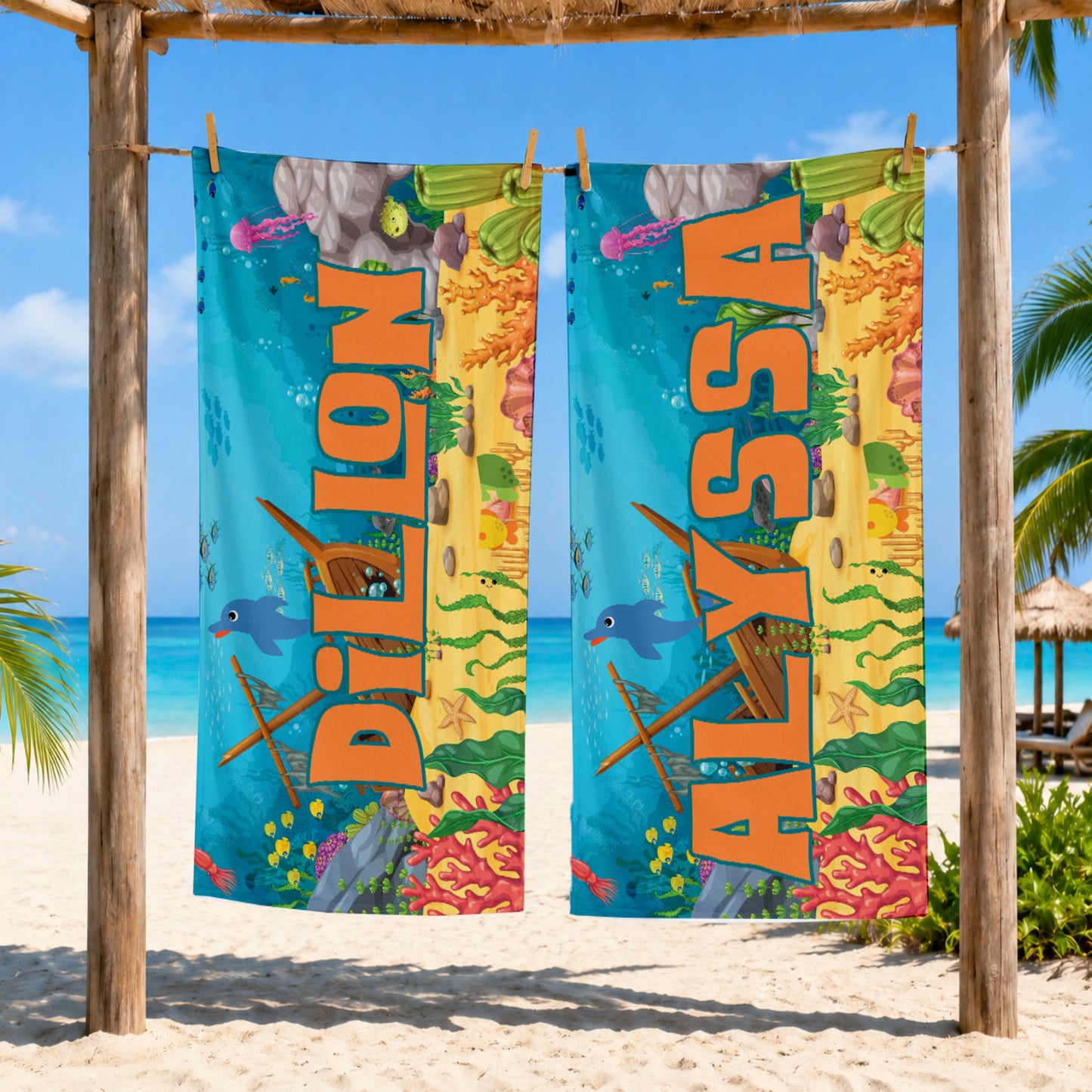 Personalized Kids Underwater Beach Towel | Pirate Sunken Treasure Theme |  Summer Vacation Towel Gift | Beach Trip Keepsake | Kids Swim Team