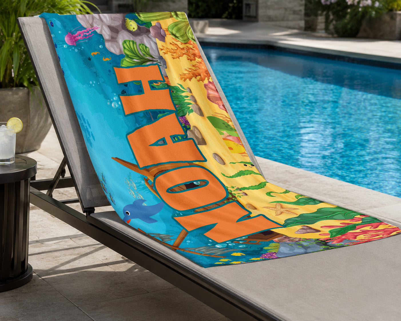 Personalized Kids Underwater Beach Towel | Pirate Sunken Treasure Theme |  Summer Vacation Towel Gift | Beach Trip Keepsake | Kids Swim Team