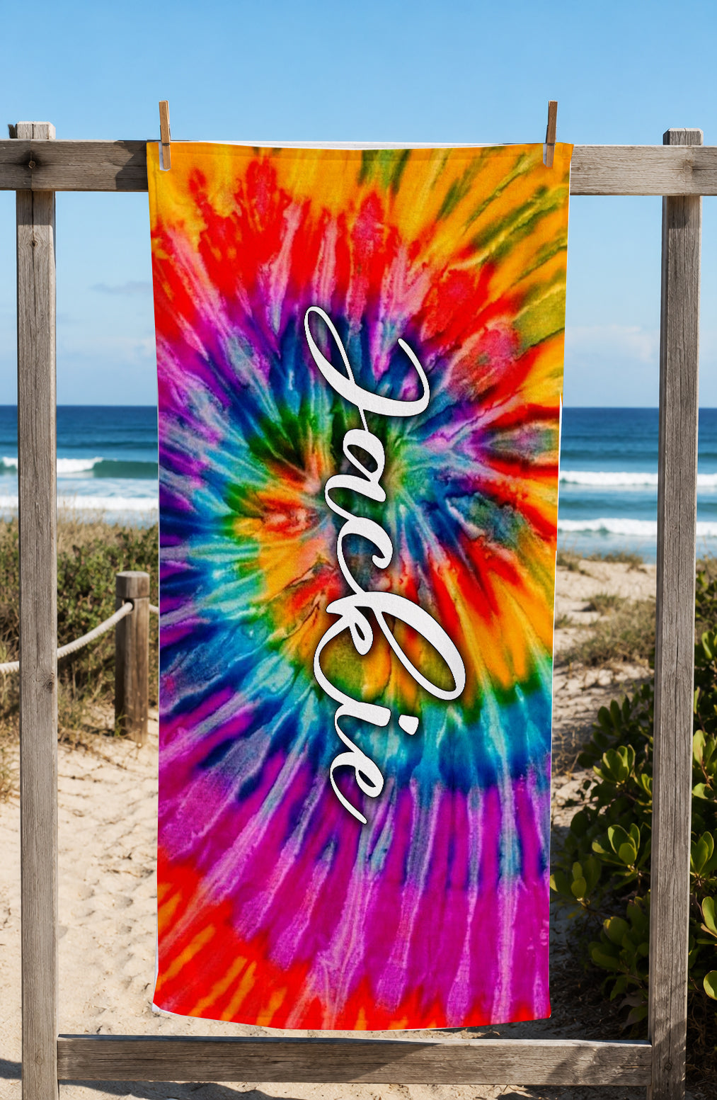 Personalized Tie Dyed Beach Towel | Groovy Inspired Style | Summer Vacation Towel Gift | Beach Trip Keepsake | Vintage Towel Gift