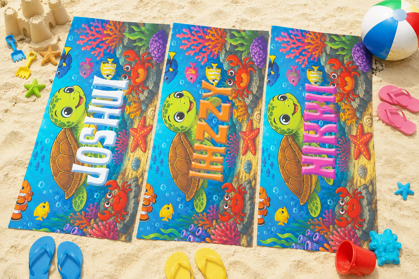 Personalized Kids Under the Sea Theme Beach Towel | Sealife Towel | Crabs Starfish Fish and Turtles Kids Towel | Summer Vacation Kids Towel Gift
