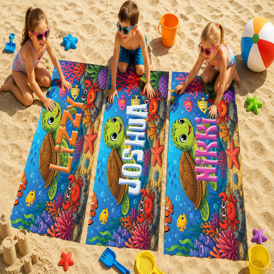 Personalized Kids Under the Sea Theme Beach Towel | Sealife Towel | Crabs Starfish Fish and Turtles Kids Towel | Summer Vacation Kids Towel Gift