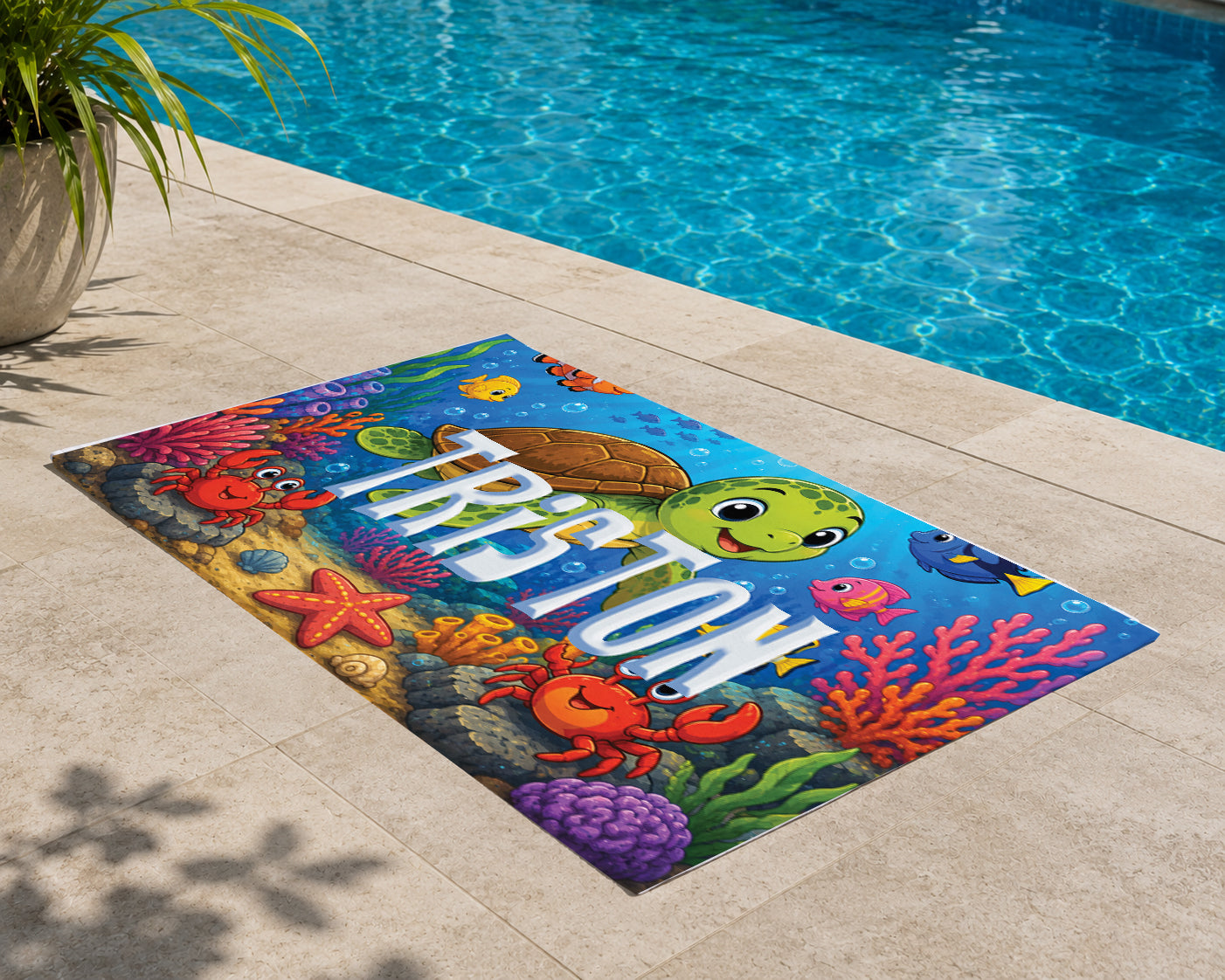 Personalized Kids Under the Sea Theme Beach Towel | Sealife Towel | Crabs Starfish Fish and Turtles Kids Towel | Summer Vacation Kids Towel Gift