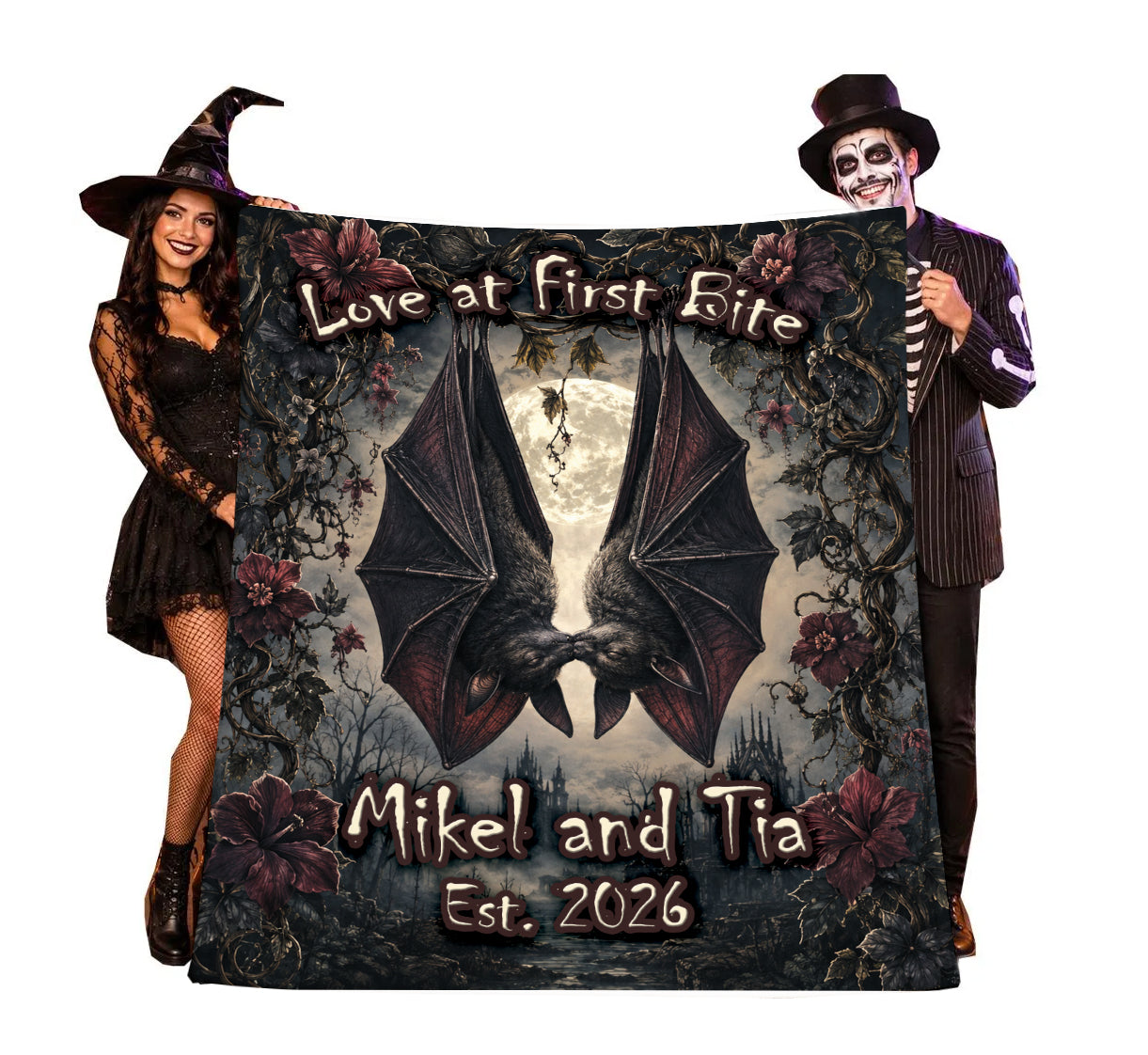 Personalized Vampire Bat Couple Blanket | Gothic Halloween Throw | Custom Names | Spooky Romantic Gift | Dark Gothic Home Decor | Macabre