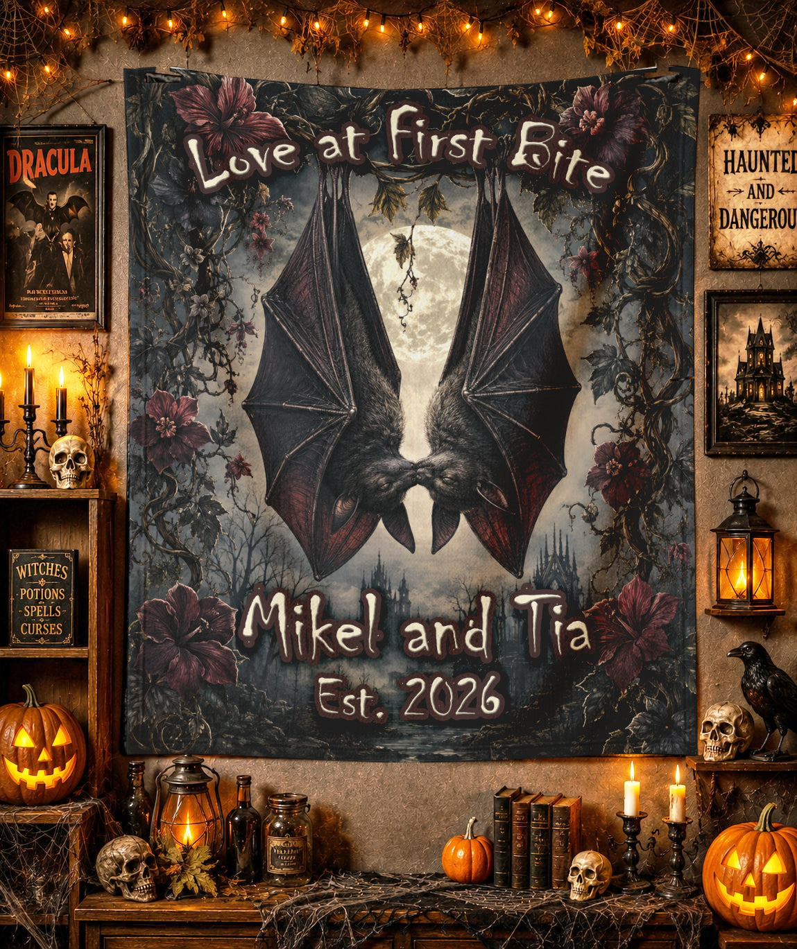 Personalized Vampire Bat Couple Blanket | Gothic Halloween Throw | Custom Names | Spooky Romantic Gift | Dark Gothic Home Decor | Macabre