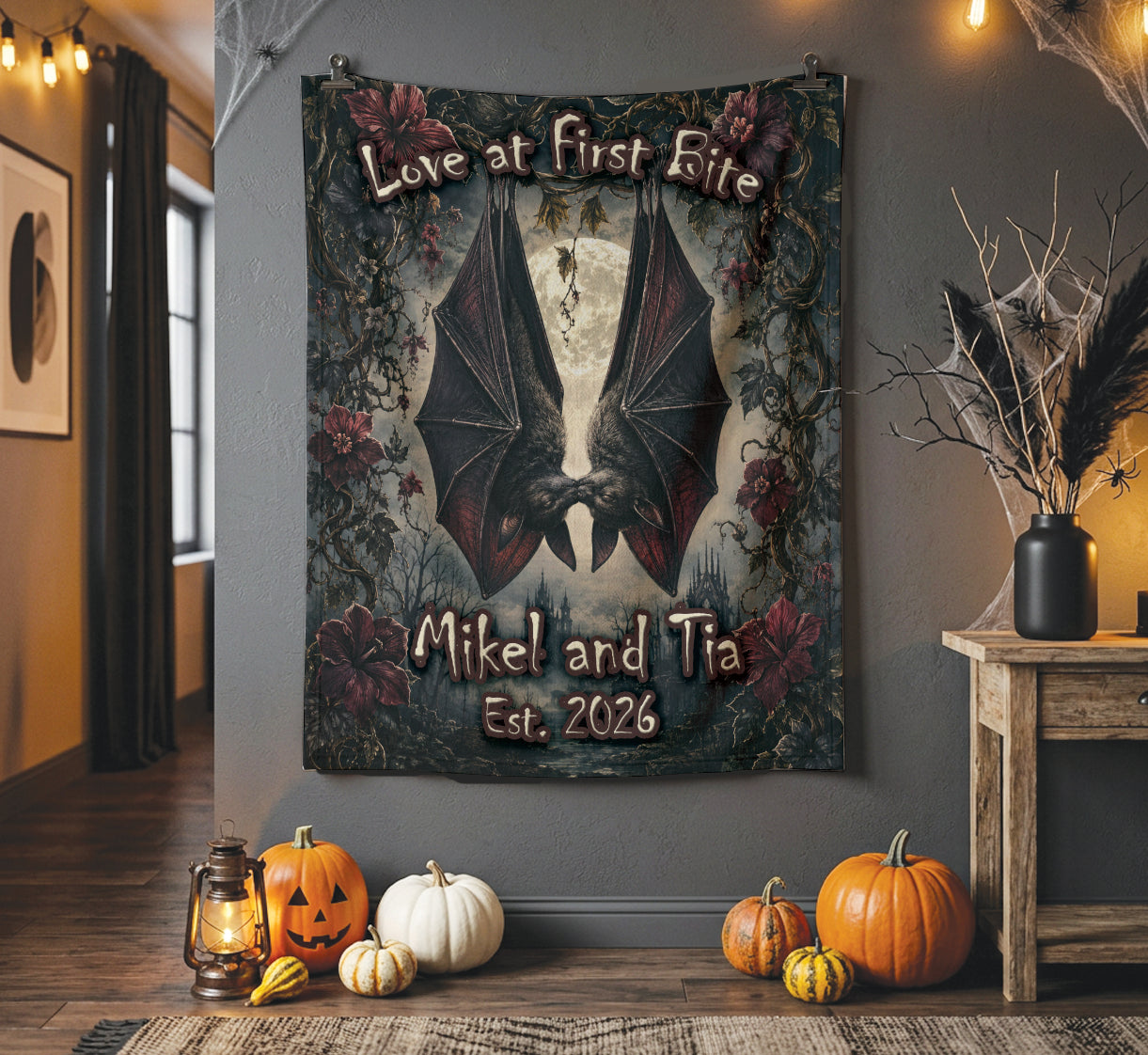 Personalized Vampire Bat Couple Blanket | Gothic Halloween Throw | Custom Names | Spooky Romantic Gift | Dark Gothic Home Decor | Macabre