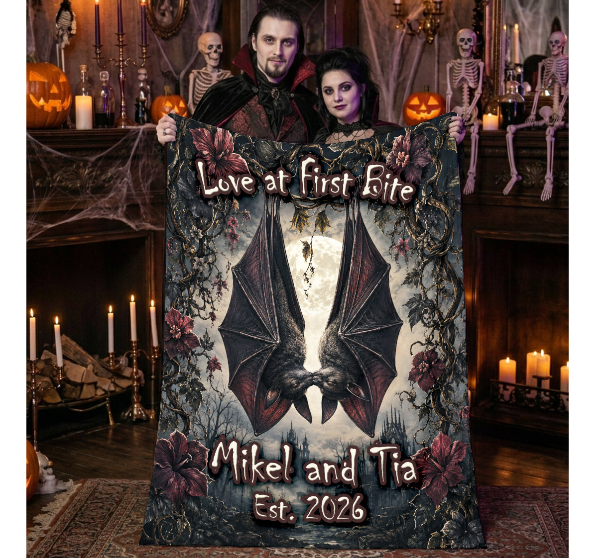 Personalized Vampire Bat Couple Blanket | Gothic Halloween Throw | Custom Names | Spooky Romantic Gift | Dark Gothic Home Decor | Macabre