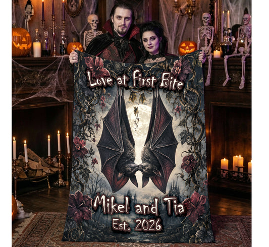 Personalized Gothic Vampire Bat Couple Halloween Blanket