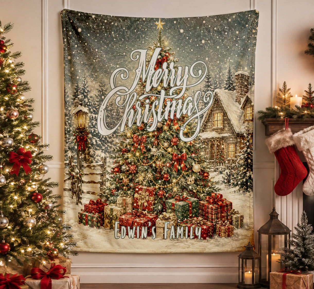 Personalized Family Vintage Christmas Tree Blanket