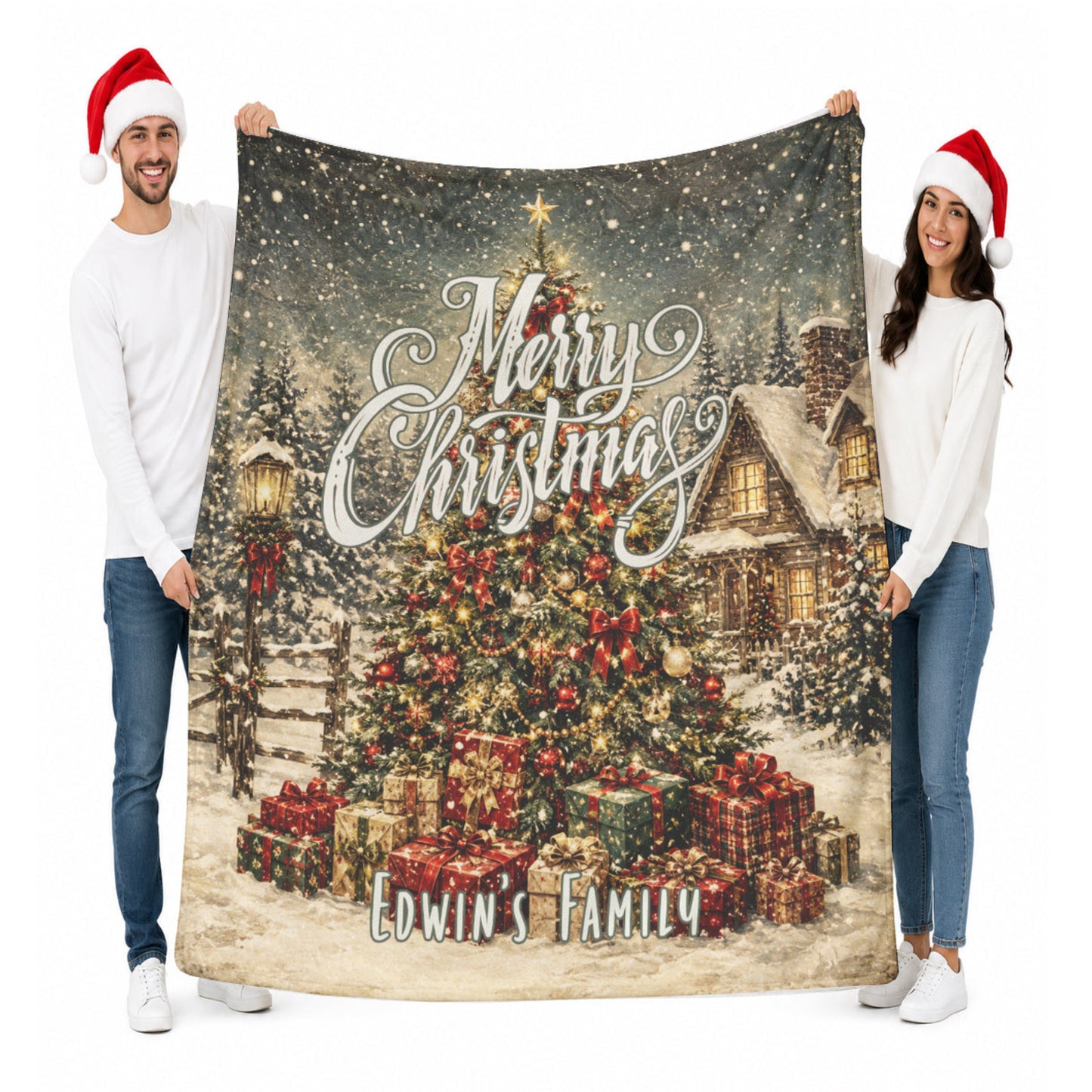 Personalized Family Vintage Christmas Tree Blanket
