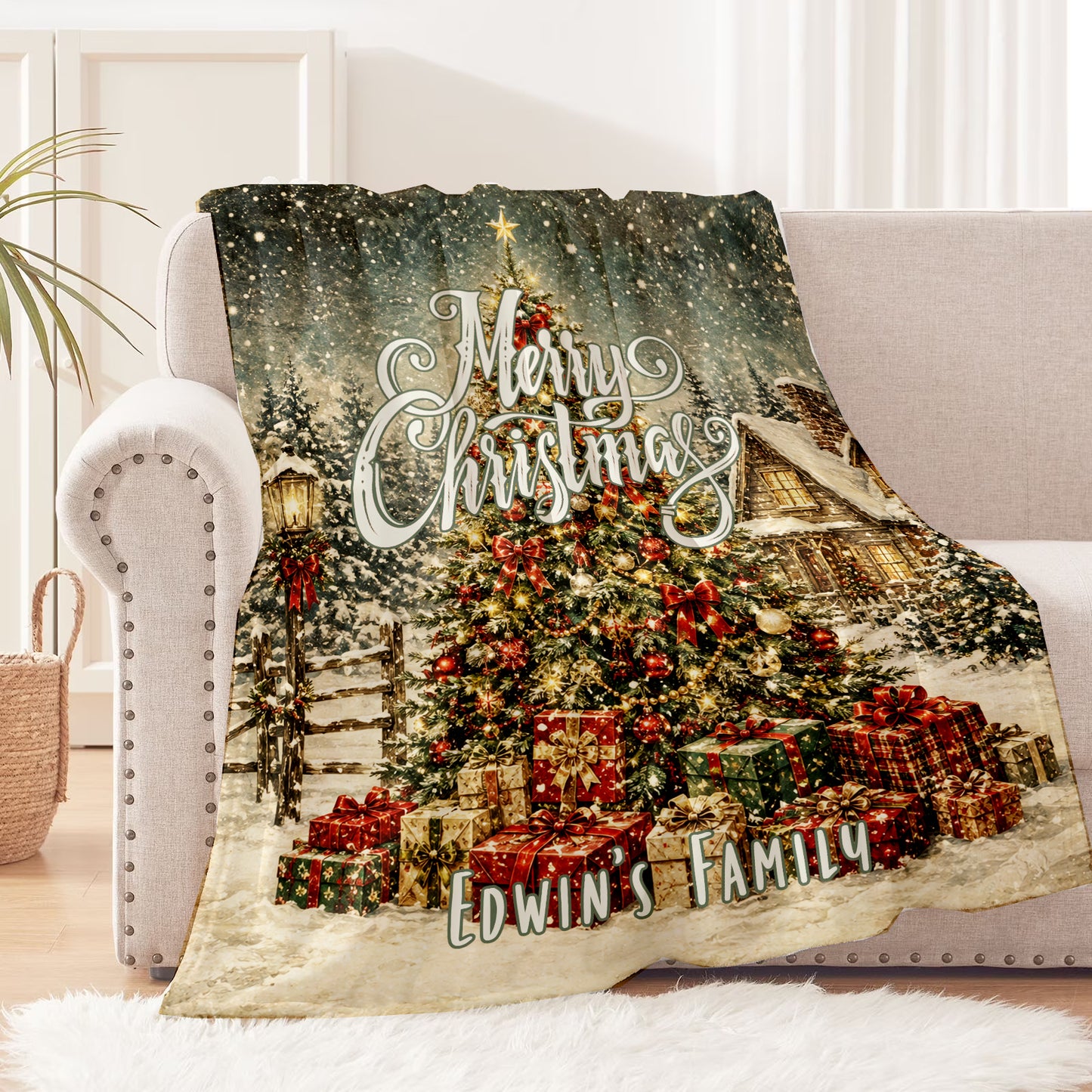 Personalized Family Vintage Christmas Tree Blanket